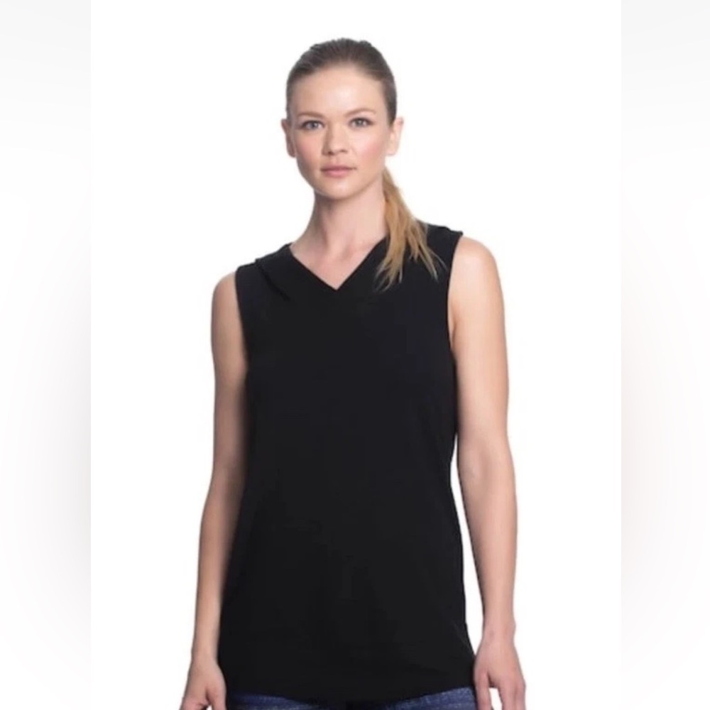 NWT Gaiam Sz L Grace Yoga Tunic Black Sleeveless Hooded Twist Cross Back Top